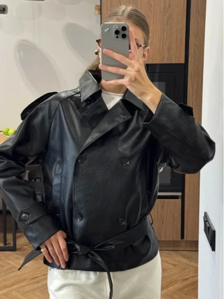 Women Olive Faux Leather Trench Coat  Lapel Double Breasted Waist Belt Shoulder Long Sleeve Jacket Spring Autumn Street Outfit
