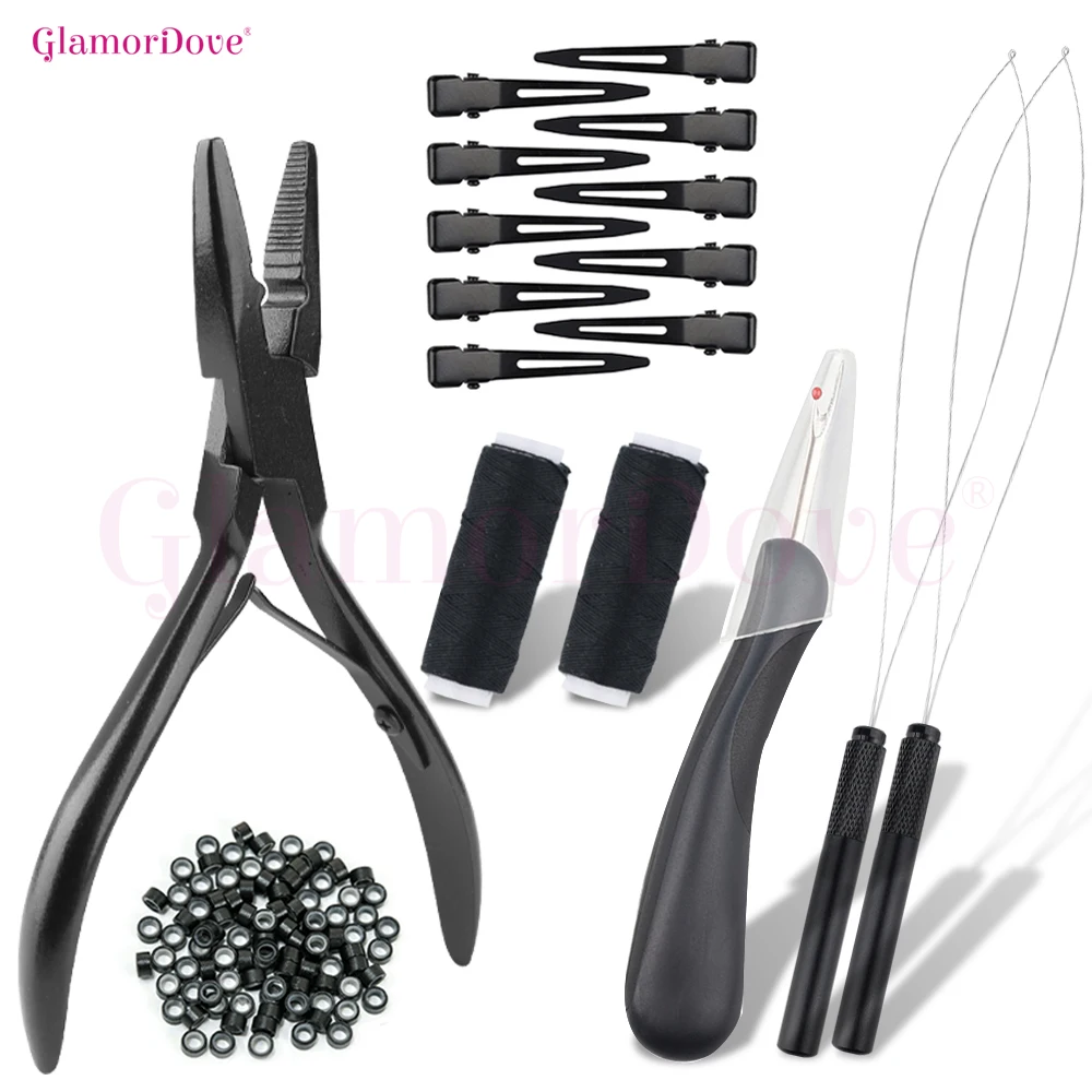 

Набор для наращивания волос GlamorDove – щипцы для микрокольцевого наращивания, инструмент для петель, зажимы, нить, распарыватель швов и 200 бусин для I-Tip и Weft наращивания.