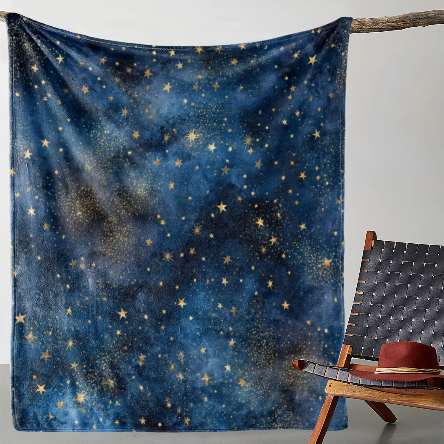 1pc Zeal Lily Flannel Blanket - Deep Blue Starry Night Sky with Golden Stars, Soft Warm All-Season Luxury Throw for Bed, Sofa