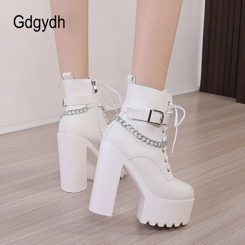 Gdgydh Gothic Buckle Strap Ankle Boots Women Faux Leather Platform Block Chunky Heels Chain Ultra High Heels Motorcycle Boots