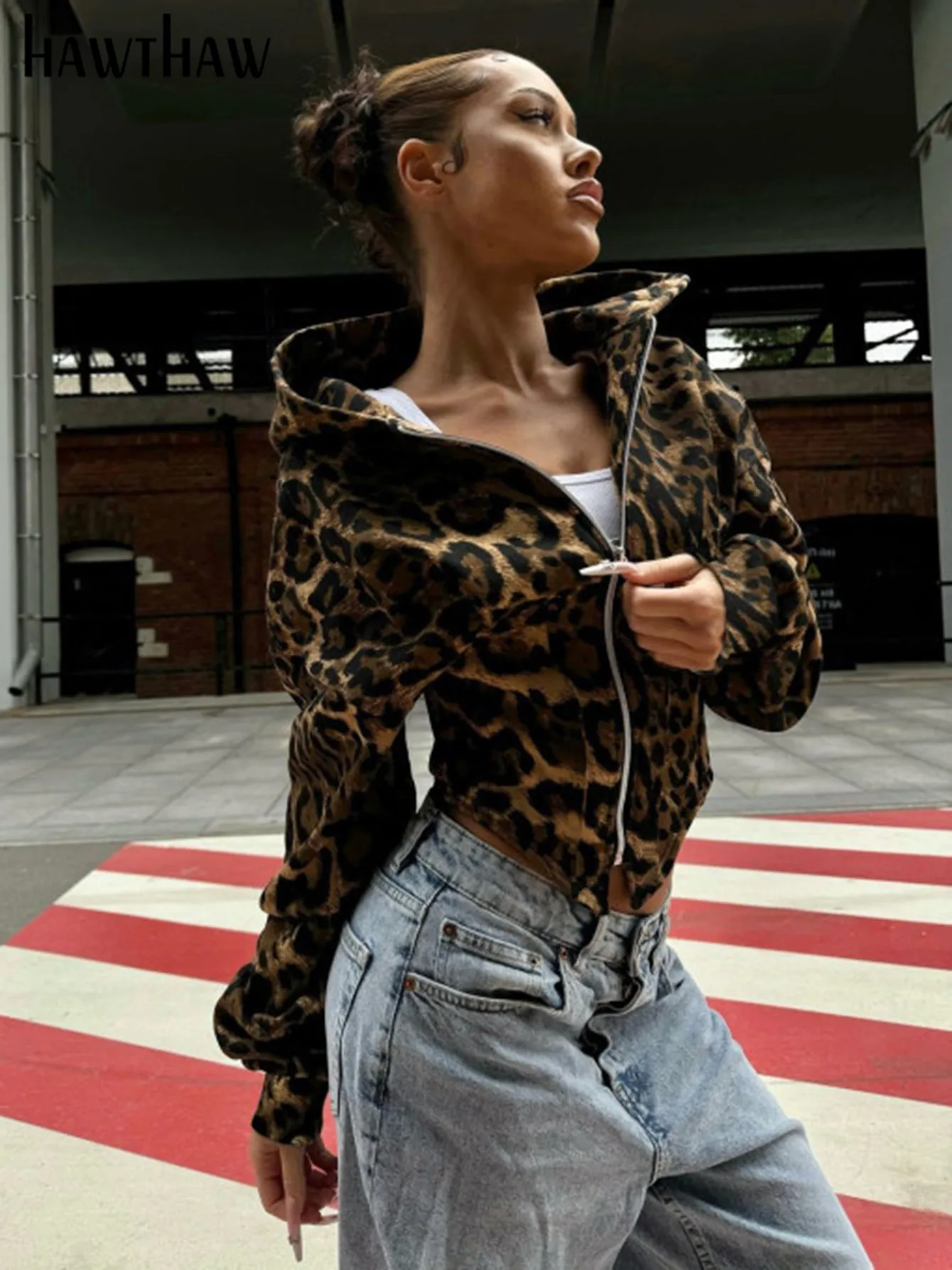 Hawthaw Women 2024 Spring Autumn Long Sleeve Zipper Leopard Hooded T Shirts Tops Hoodie Coat Wholesale Items For Business