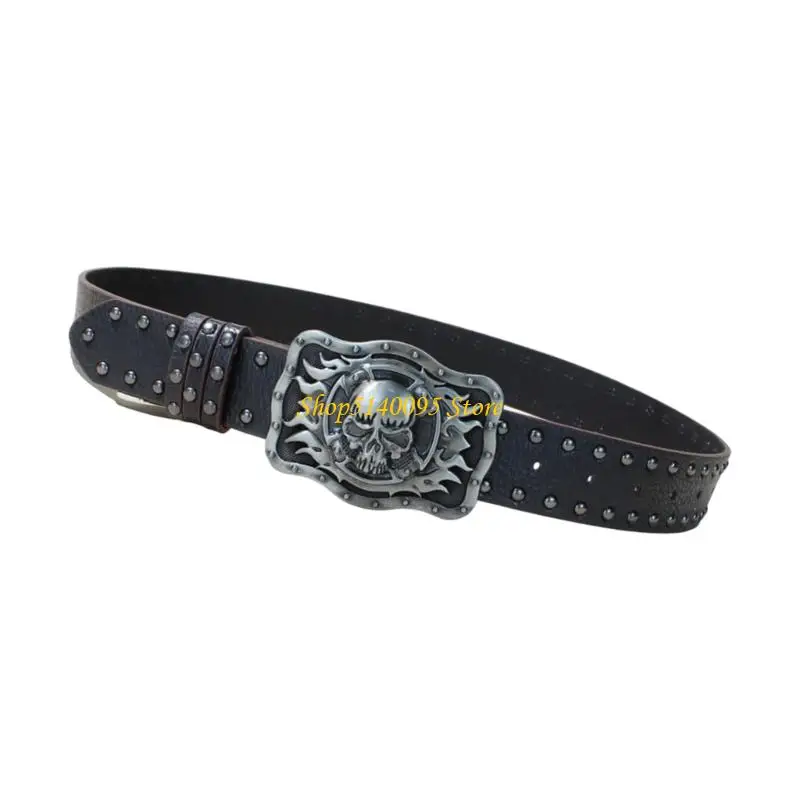 حزام جمجمة أنيق قابل للتعديل من DXAE للرجال من جلد البولي يوريثان الغربي مع أبازيم معدنية