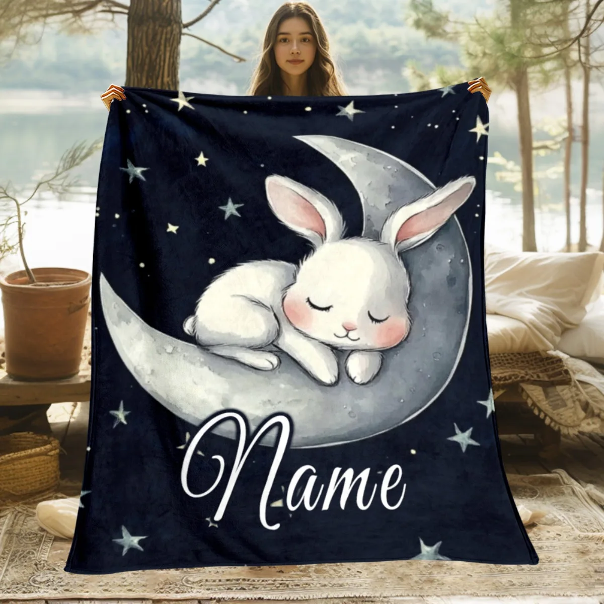 1 piece customized rabbit moon portable blanket, lightweight sofa bed, travel camping blanket, suitable for living room, office