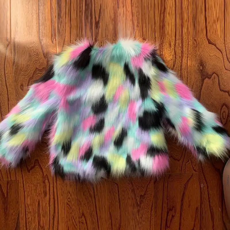 Baby Girls\' Fur Coat Autumn Kids Rainbow Color Clothing Children\'s Imitation Fox Fur Wool Outwear Thickened Winter Jacket 3-8Y