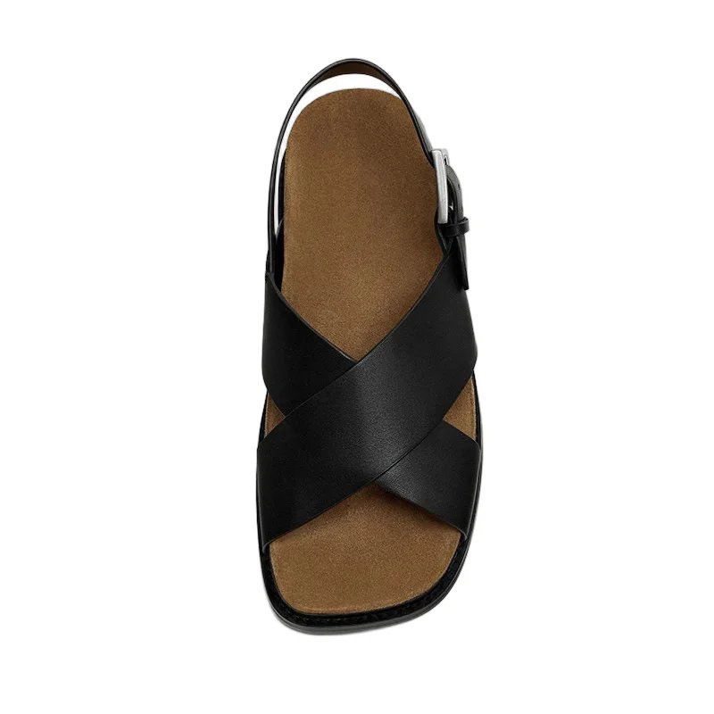 Withered French Retro Minimalist Genuine Leather Open Toe Cross Flat Sandals Summer Shoes Women Belt Buckle Roman Sandals