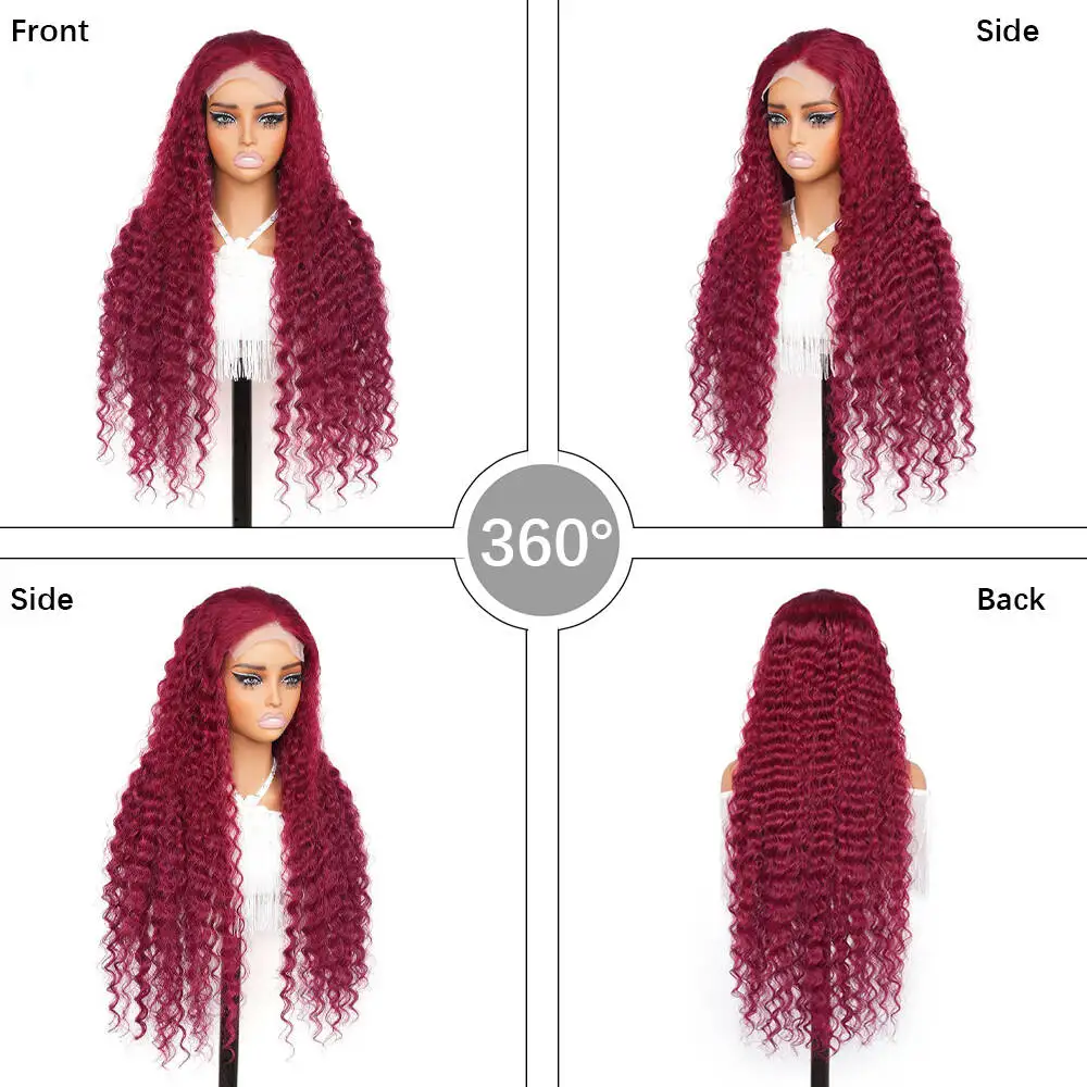 30 Inch Burgundy Wig Human Hair 99j Burgundy 5x5 Deep Wave Lace Front Wigs Pre Plucked HD Transparent Peruvian Unprocessed Wig