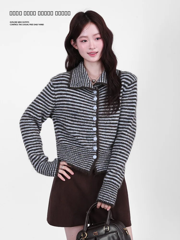 

Retro Brown Collar Striped Knitted ort Cardigan Women's Autumn Winter Long Sve Sweater Coat Tee Galaxy Residents