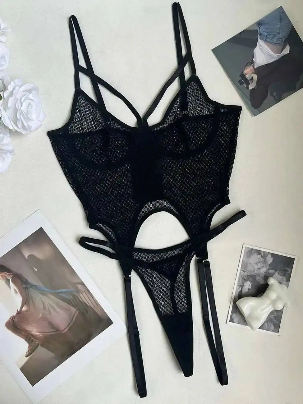 Lace Solid Color Transparent Mesh Bodysuits Backless Deep V Suspenders Sleeveless Bodysuits Pure Desire Charming Elegant VWVT