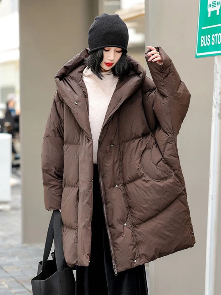 

Winter Oversized Hooded Mid Length Down Jacket Women White Duck Down Loose Down Jacket Female Warm Zipper Solid Parker Outwears