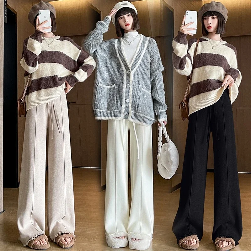 High Waist Drawstring Figure Flattering Draped Floor-length Casual Trousers Autumn Winter Thick Soft Tassel Women Wide Leg Pants