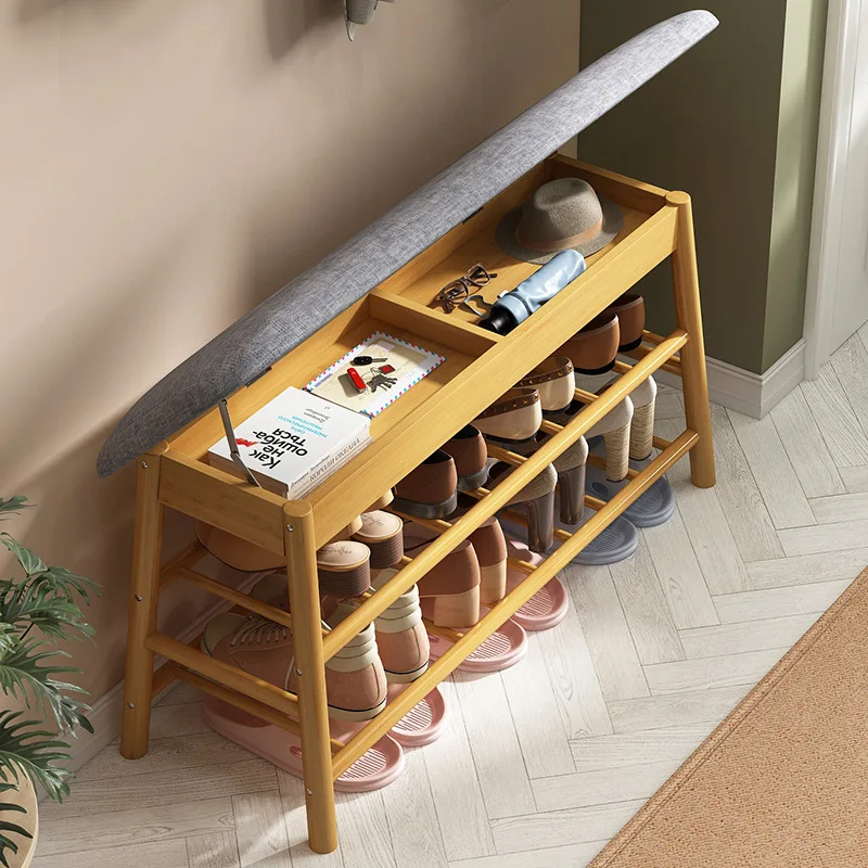 Shoe Rack Bench, Bamboo Entryway Bench, Simple Organizer with 2 Tier Storage Good Load Bearing for Hallway Living Room 출입구 벤치