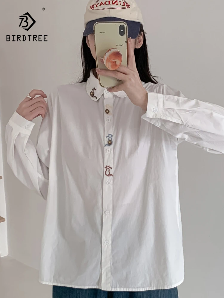 

Новая женская хлопковая рубашка с длинным рукавом Весна 2026, с отложным воротником и милой вышивкой, в стиле Mori Girl, модная, омолаживающая, свободная блузка T63656CC