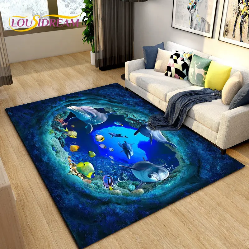 

Коврик Underwater World 3D Seabed Illusion Dolphin Shark, ковер для гостиной, спальни, дивана, коврик, нескользящий напольный коврик