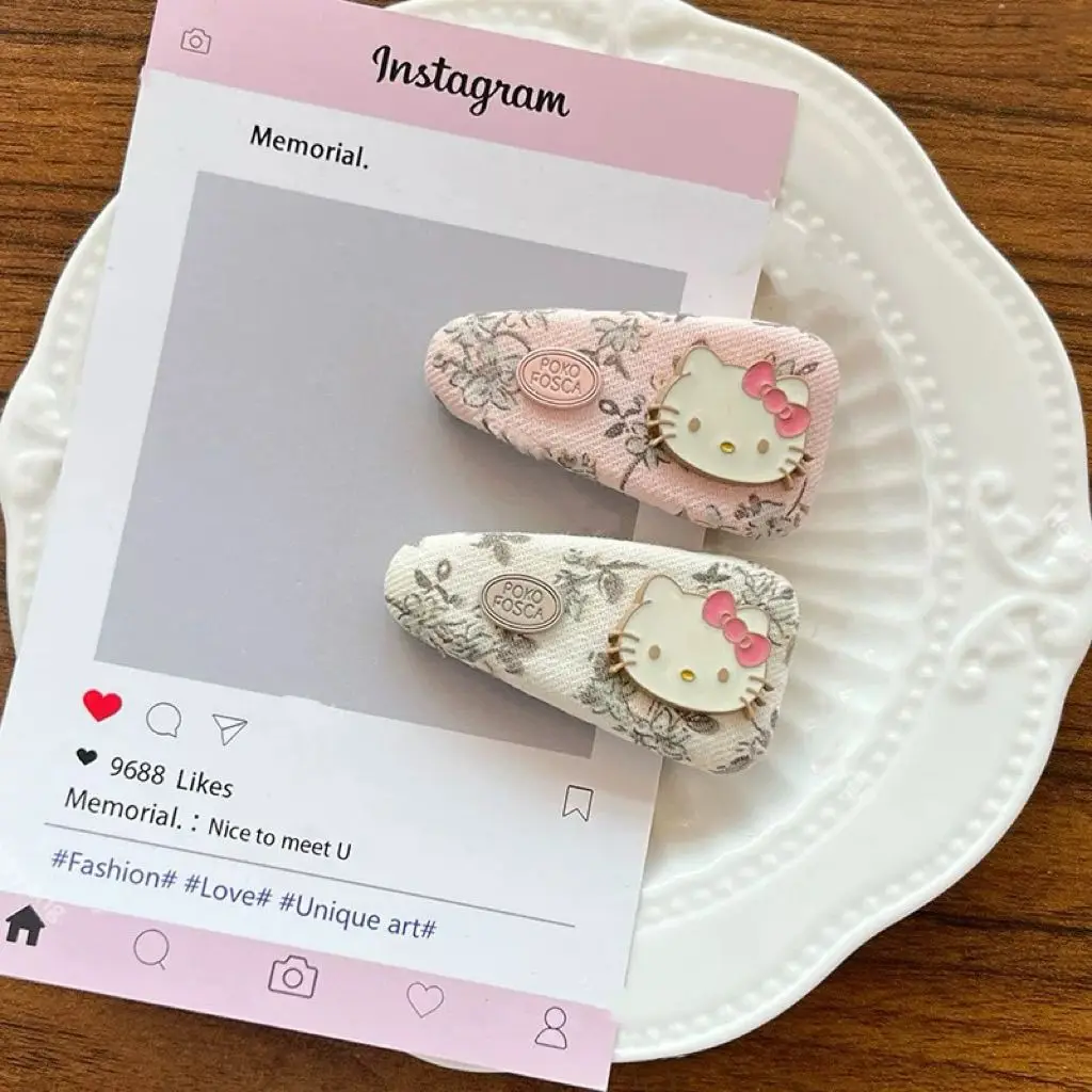 Hello Kitty Two Pecs Vintage Style Floral Print Fabric Metal Hair Accessories Bangs Hair Clip Cartoon Birthday Gift for Students