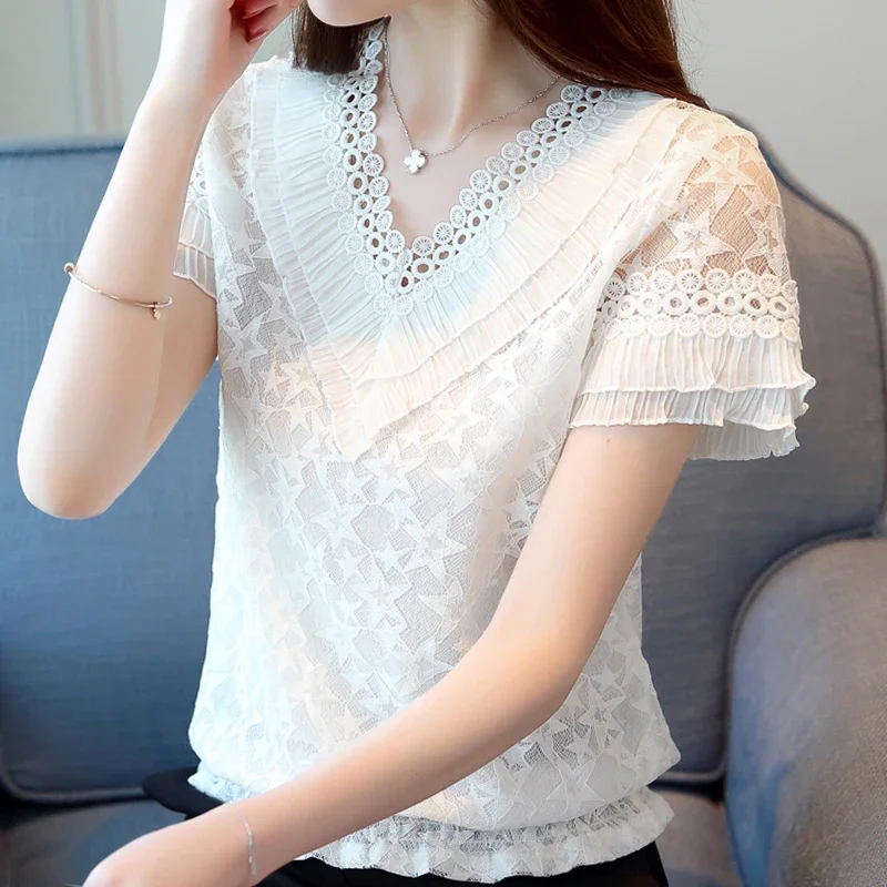 Summer Women Blouse Shirt Short Sleeve Ruffles V-Neck Lace Blouse Women Tops Women Blusas Mujer De Moda 2024 Blouses Femme F31