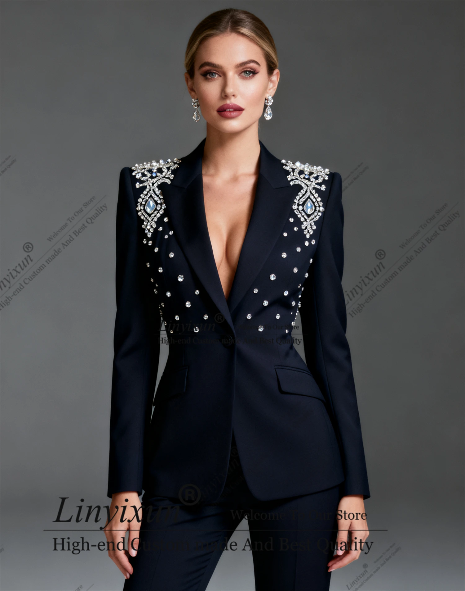 Elegancki, luksusowy, kryształowo zdobiony, diamentowy, szyty na miarę damski garnitur dwuczęściowy, marynarka damska, dopasowana odzież damska, pan