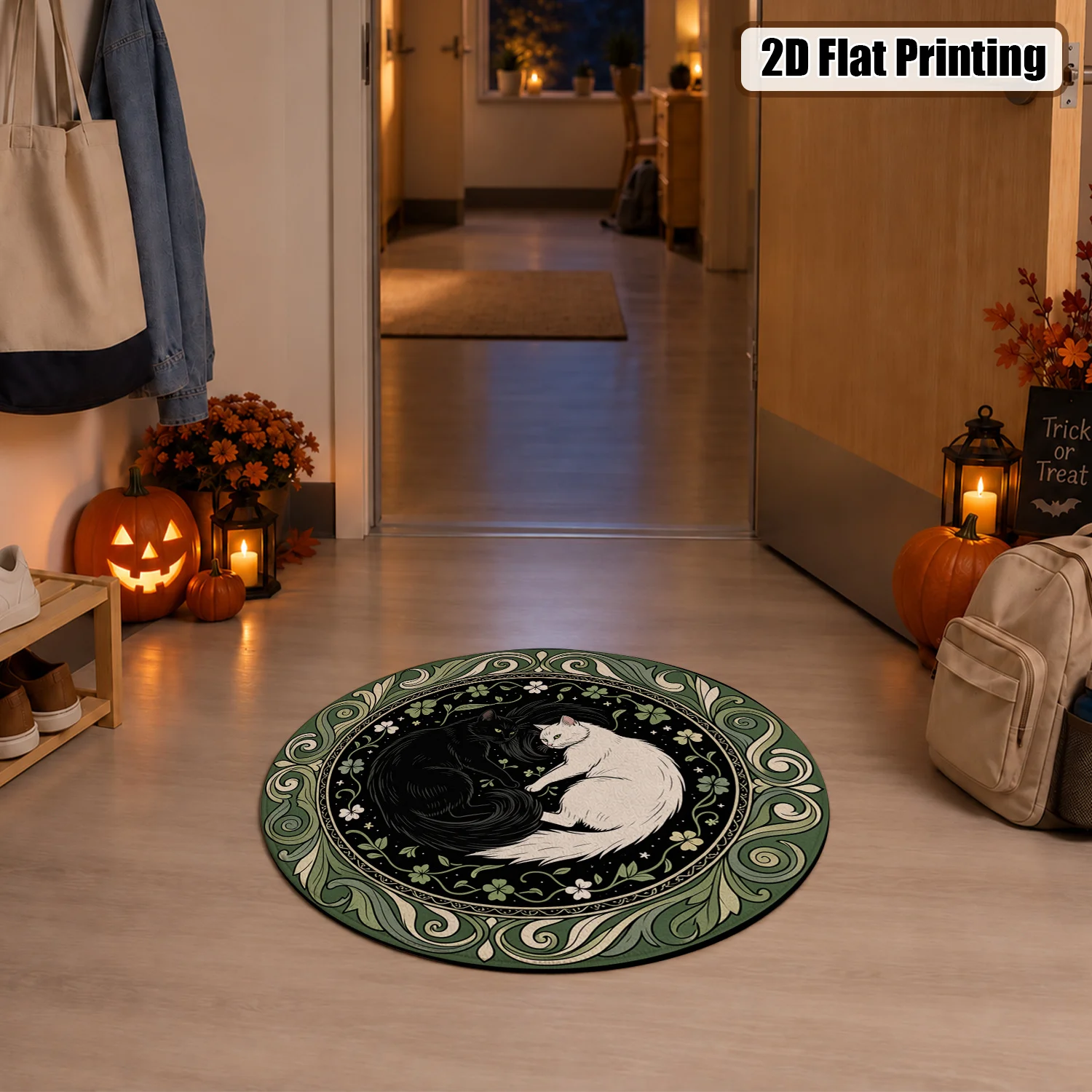 Yin Yang Black White Cat Clover Floral Circular Velvet Round Area Rug, Machine Washable Soft Plush Floor Rug for Living Room Bedroom Entryway, Ideal for Halloween Thanksgiving Christmas New Year Black Friday Cyber Monday Home Decor