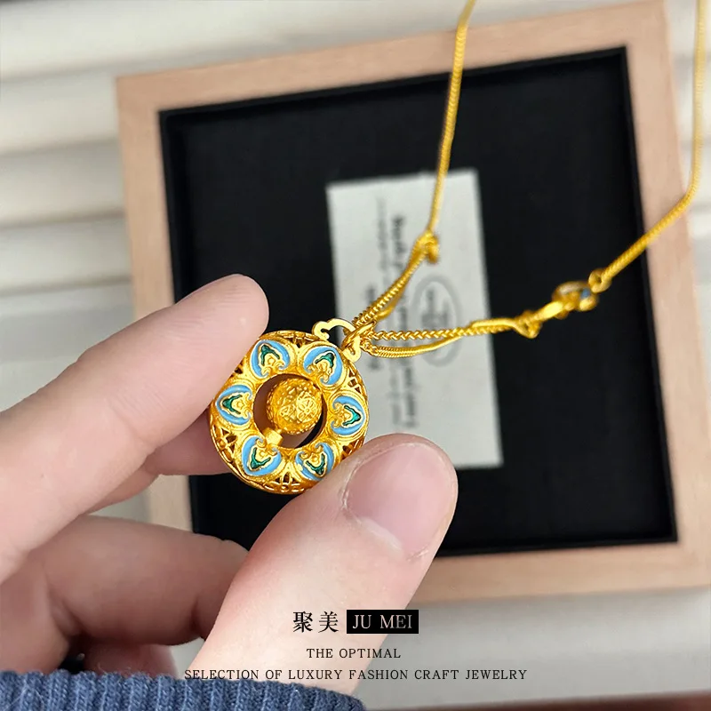 

Fashionable luxurious 9999 24K real gold Baoxiang diamond four-petal pattern bead pendant necklace enamel pattern necklace women