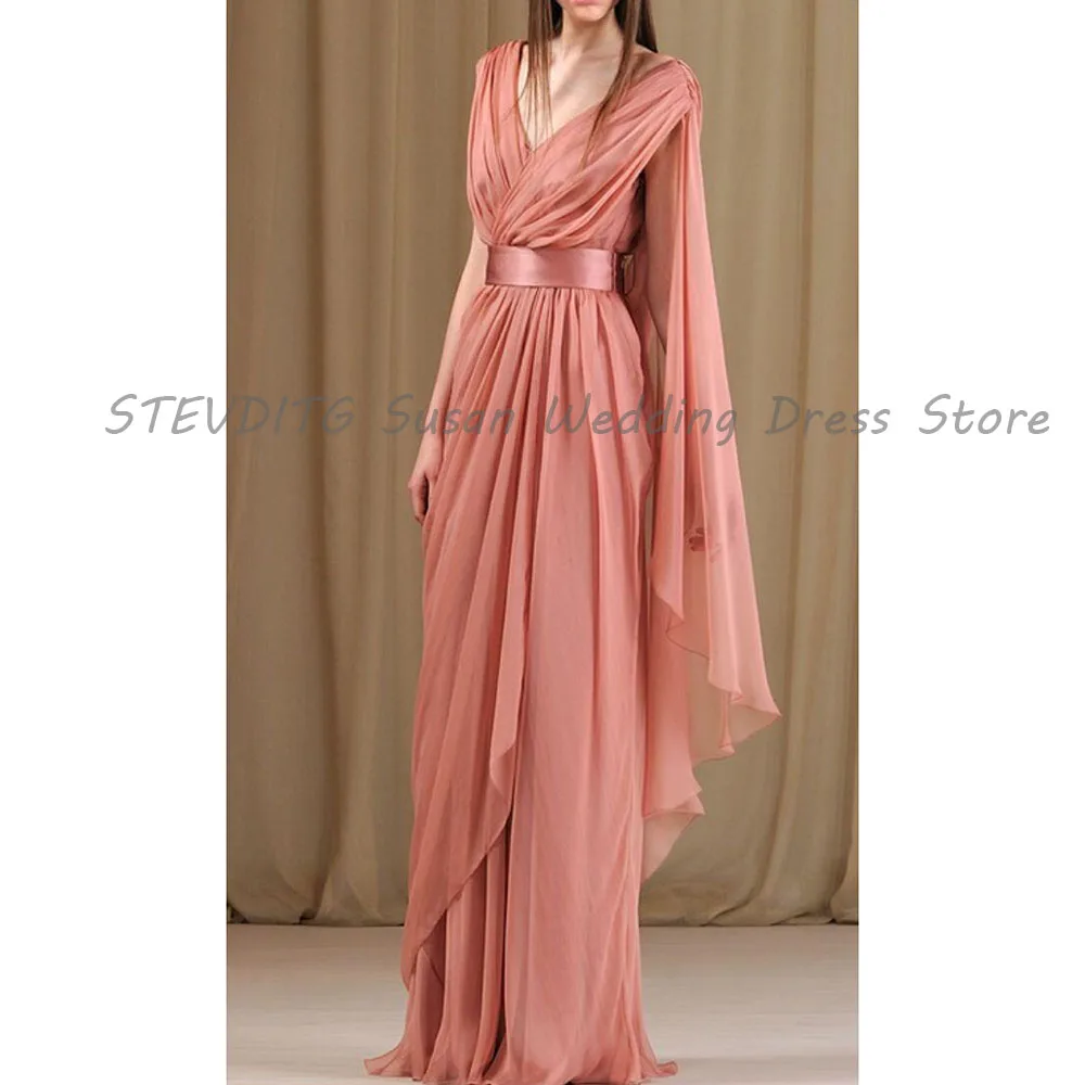 

Classic Evening Dresses Women Floor Length High Quality Prom Party Female V Neck Sleeveless Pleat Pretty Female Gowns Simple