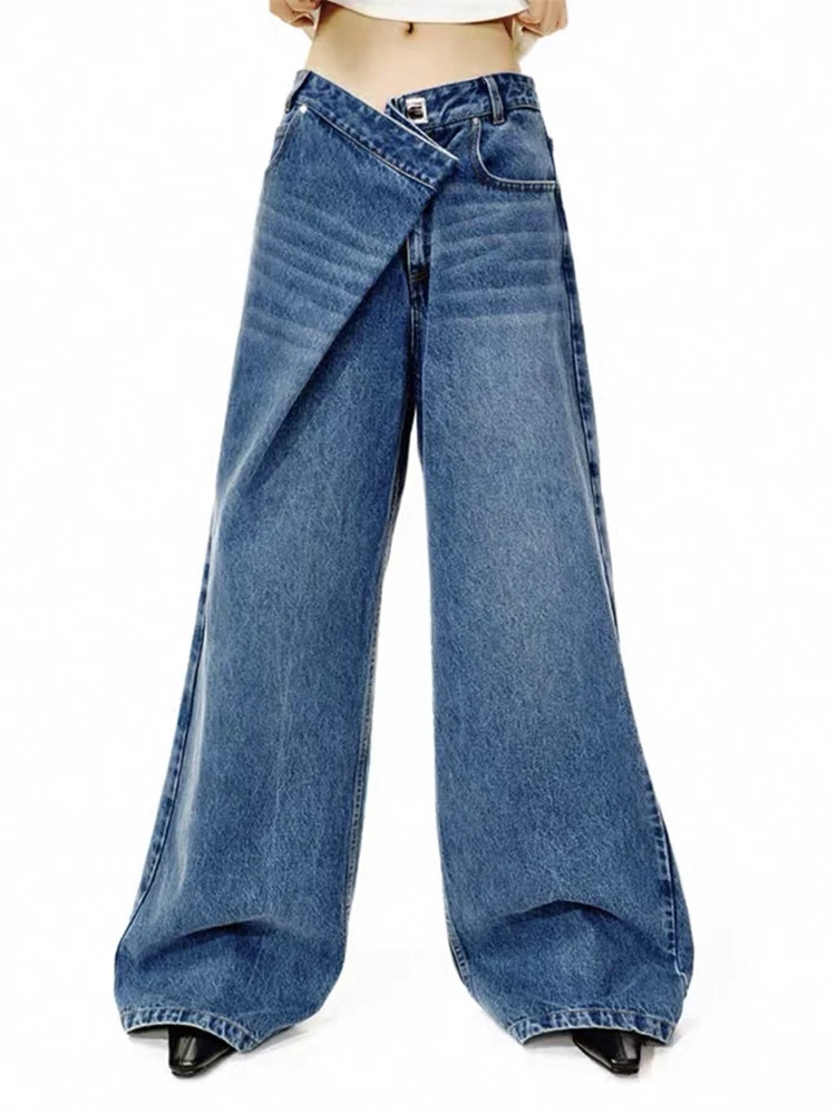 

Spring and summer new retro washed blue folding waist loose wide-leg jeans, curvace-shaped loose straight floor-length jeans