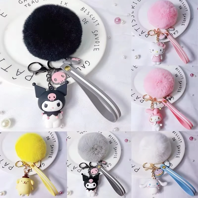 Sanrio Kuromi Hello Kitty Melody Cinnamoroll Cute Keychains with Fluffy Rabbit Fur Ball Women Girl Bag Pendant Keyring Gifts