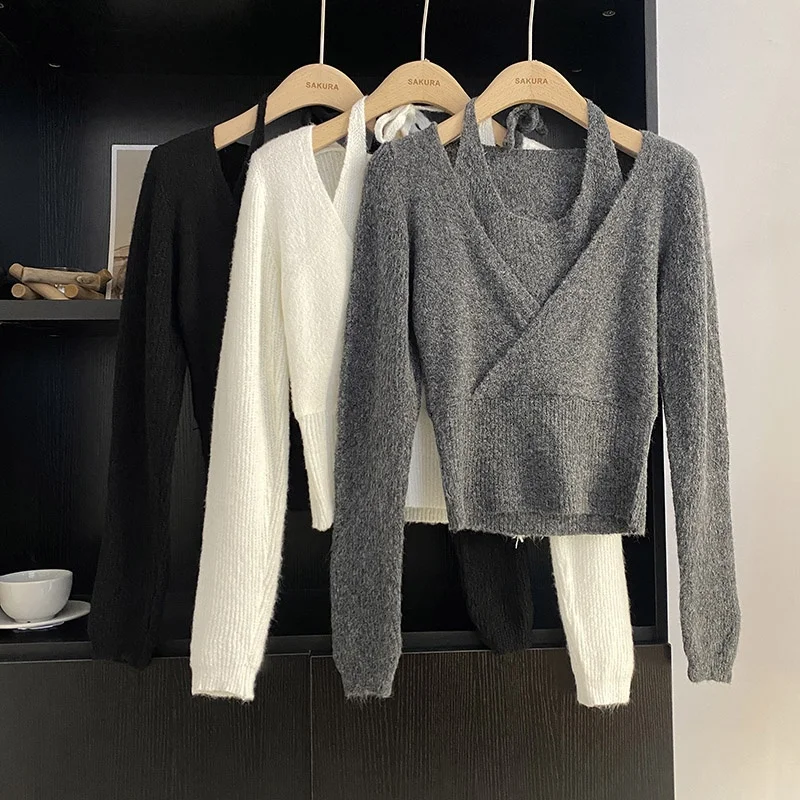 Gray Long Sleeve Hanging Neck Knit Women Autumn Korean Sle Slim Fit Temperament Short Bottoming Shirt Fake Pieces Sweater Top