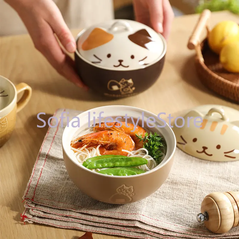 Japanese Cute Cat Cover Bowl Ceramic Soup Bowl Kawaii Instant Noodle Ramen Salad Baby Bowls Child Cartoon Decorative Dinnerware