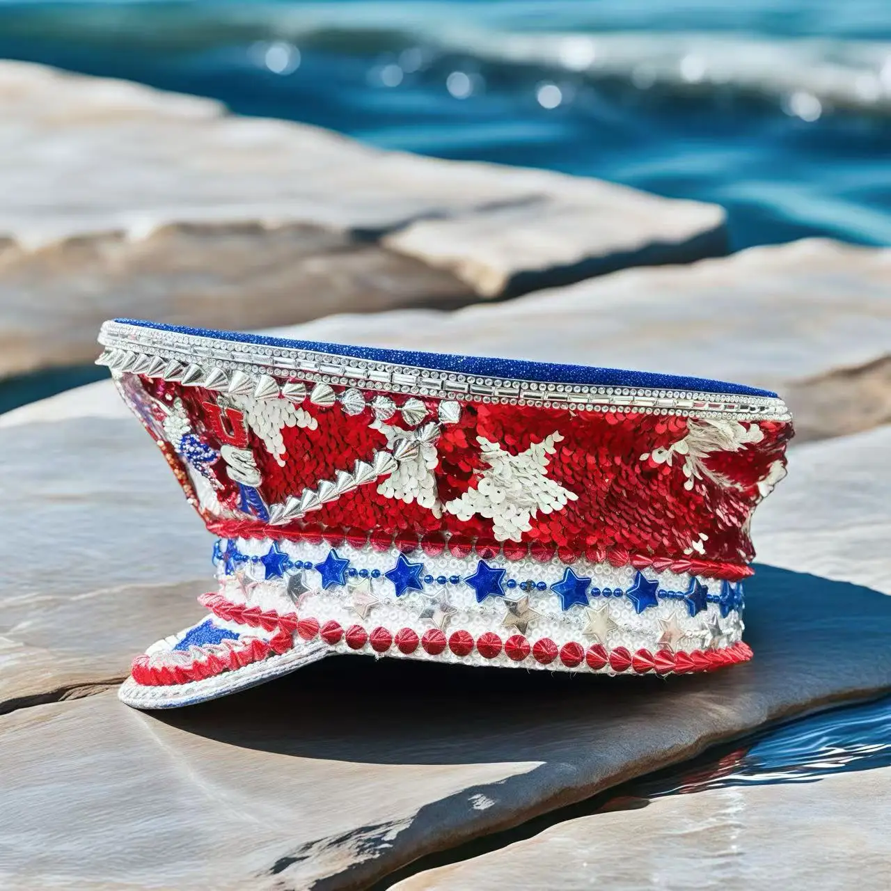 HongLuan Cappello da capitano con anello in pelle laser giallo con strass e berretti militari per donna, accessori per festival rave e berretto da festa da uomo