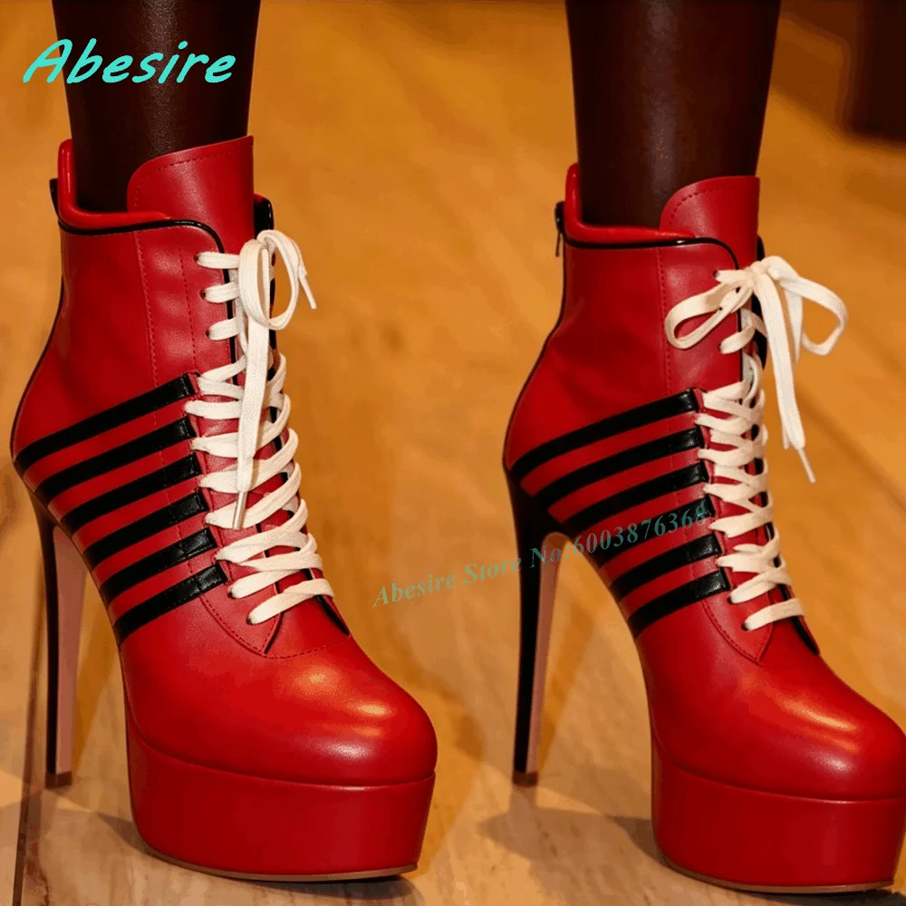 Botines de cuero rojo con rayas negras, plataforma con cordones y tacón de aguja, estilo deportivo punk urbano para mujer
