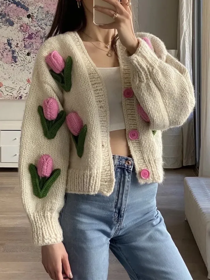 2022 Retro Hand Made Crochet 3D Flower Ball Cardigan Vintage Woman