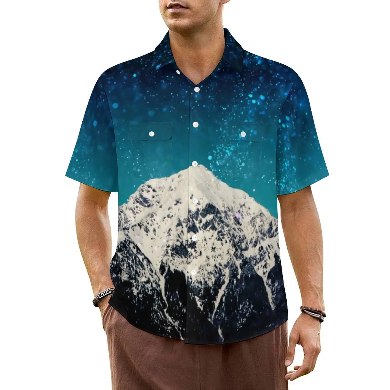 

Dreamy Starry Beach Shirt Man Galaxy Mountain Vintage Casual Shirts Summer Short Sleeve Harajuku Plus Size Blouses Gift Idea