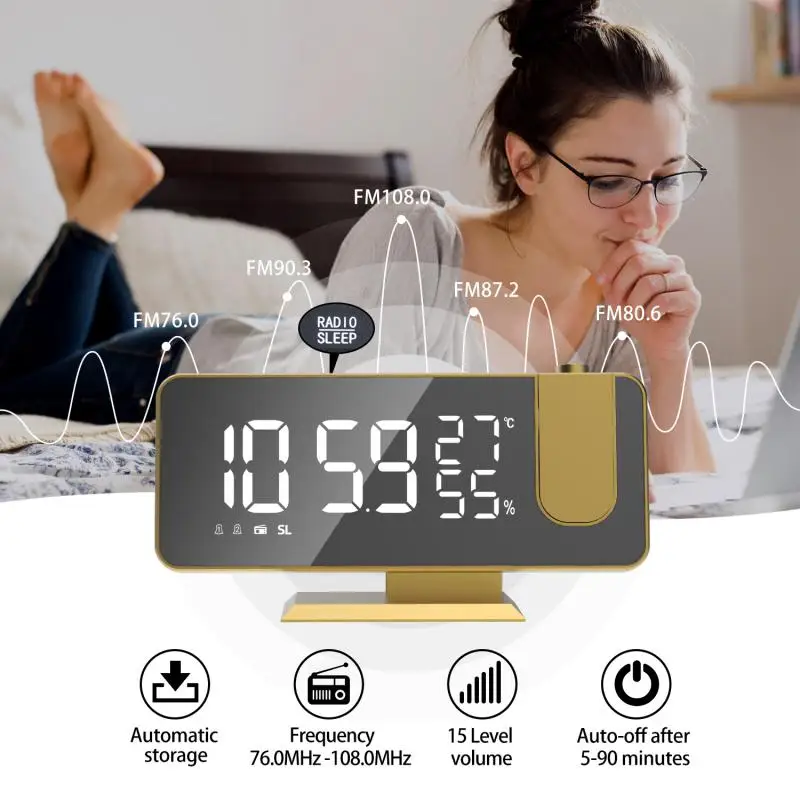 Reloj despertador Digital con proyección de Radio, pantalla de hora de cabecera multifunción, Radio con temperatura y humedad, reloj de espejo