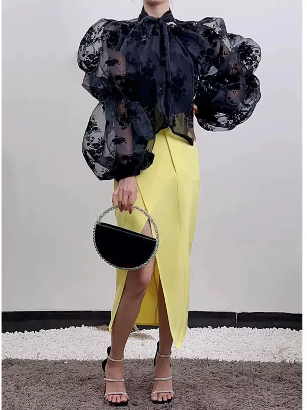 Elegant Summer 2026 Women's Ogeeshirt with Embroidered Bubble Sleeves See-through Design Korean Style Loose Fit Long Sleeve