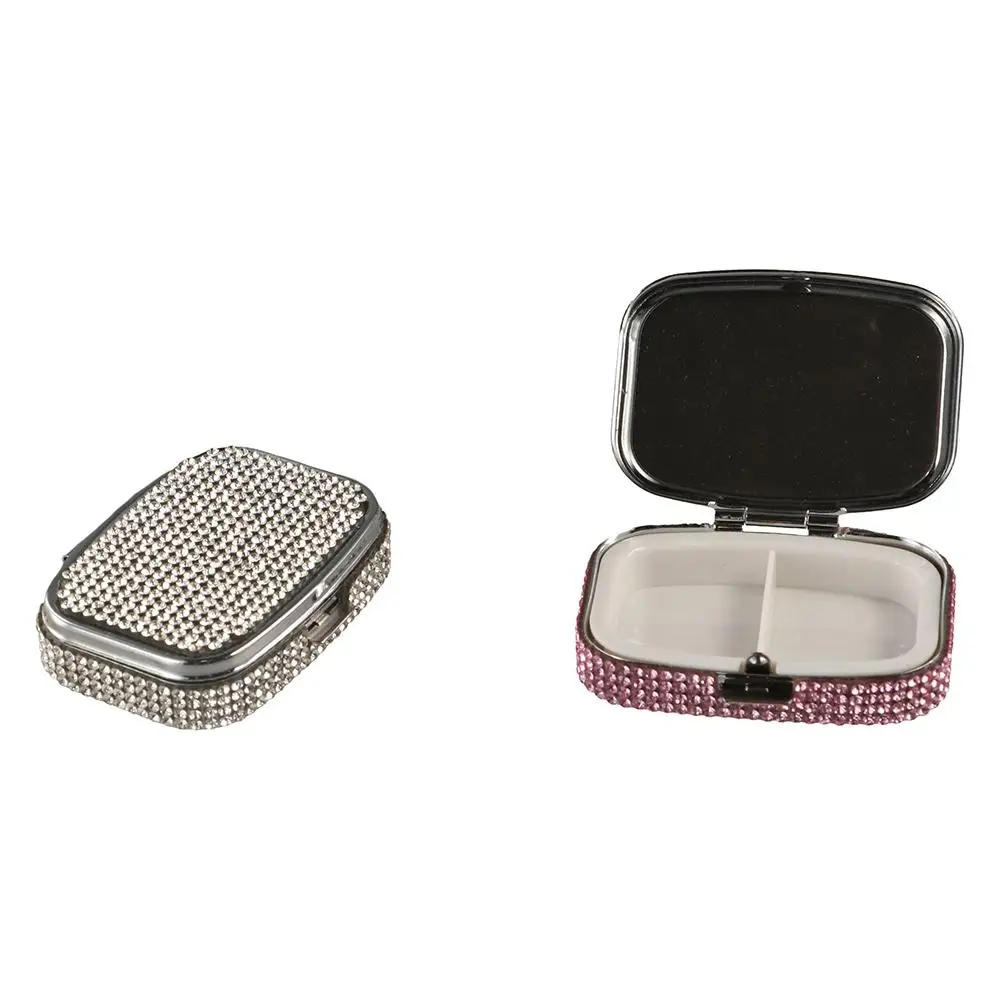 mit HD-Spiegel, mit Strasssteinen besetzte Schmuckschatulle, niedliches multifunktionales Mini-Pillendose, Kawaii, glänzend, versiegelt, Organizer für Reisen