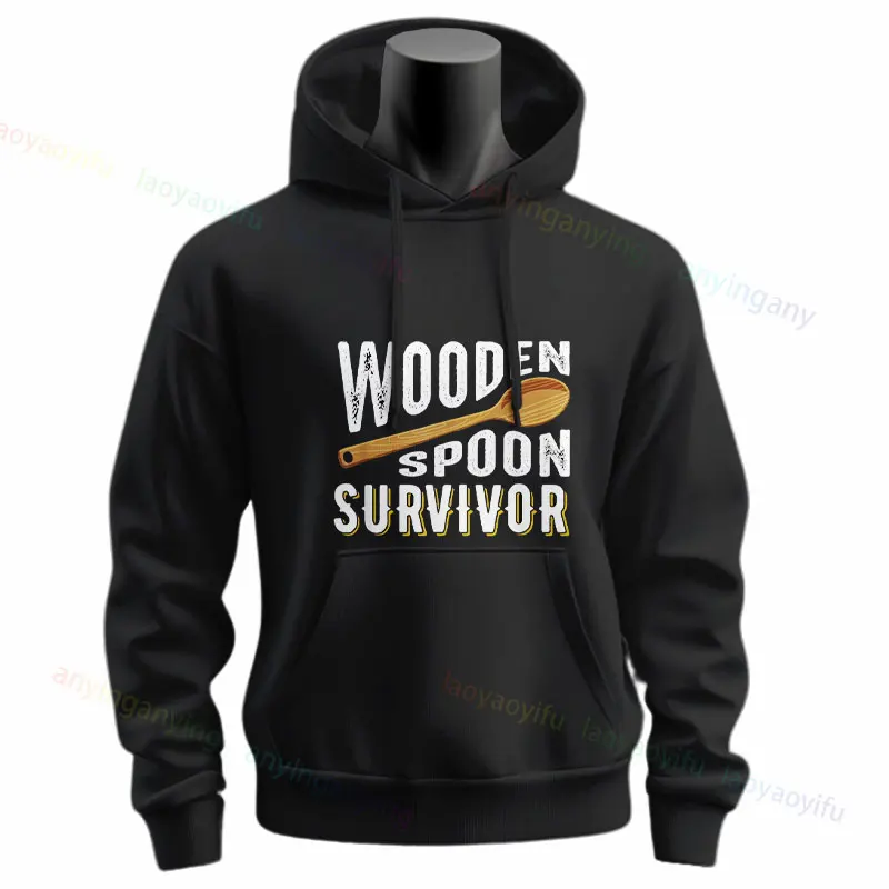 Funny Italian Food Lover Wooden Spoon Survivor Slogan Graphic Hoodie Casual Long Sleeve Sweatshirts Sportswear for Fall & Winter