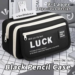 Back To School Pencil Cases Black 3 Compartments Large Capacity Zippers Bag Pouch Pen Box For Boy Girl Large Supplies Stationery