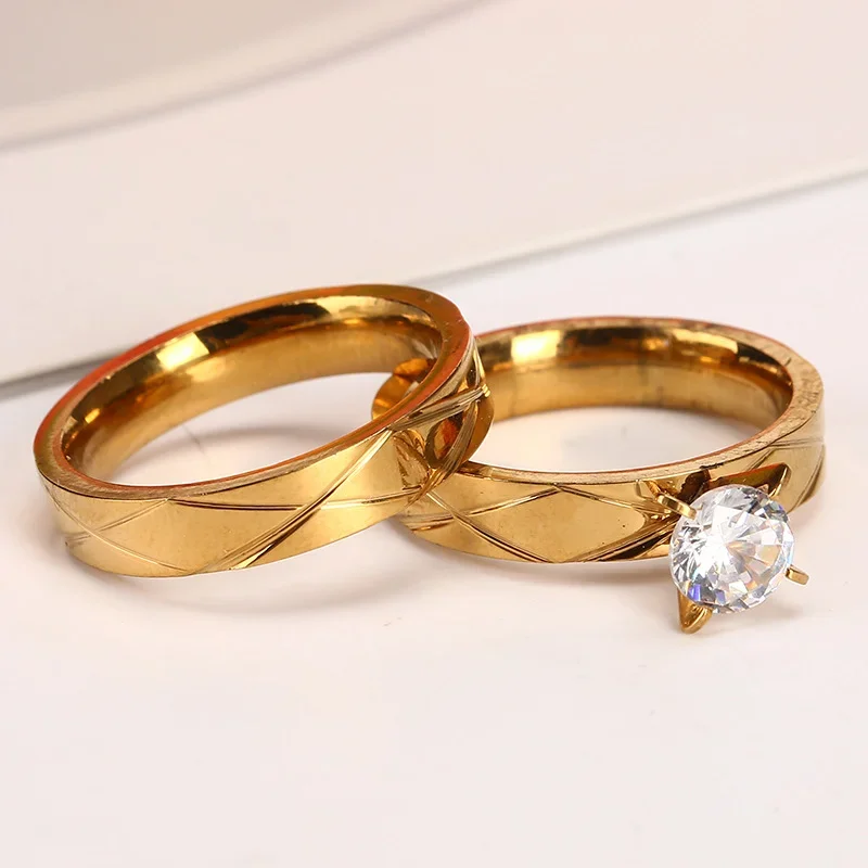 Stainless Steel Gold Color Luxury Female Bridal Wedding Ring Set Fashion Jewelry Promise Stone Engagement Rings For Women