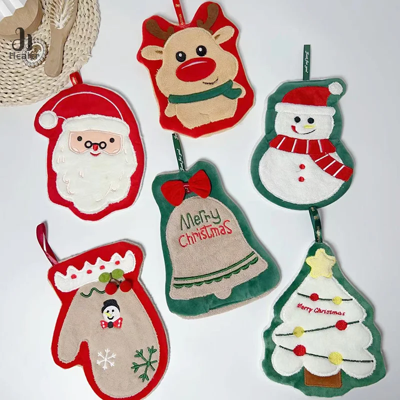 Cute Christmas Hanging Hand Towel Snowman Santa Claus Xmas Tree Shape Towels Kitchen Bathroom Absorbent Hand Cloth Xmas Decor