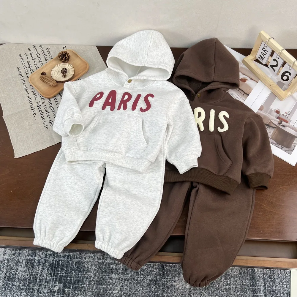 

2025 Winter New Children Fleece Clothes Set Boys Girls Letter Print Hoodie + Pants 2pcs Suit Kids Warm Tracksuit Thick Outfits
