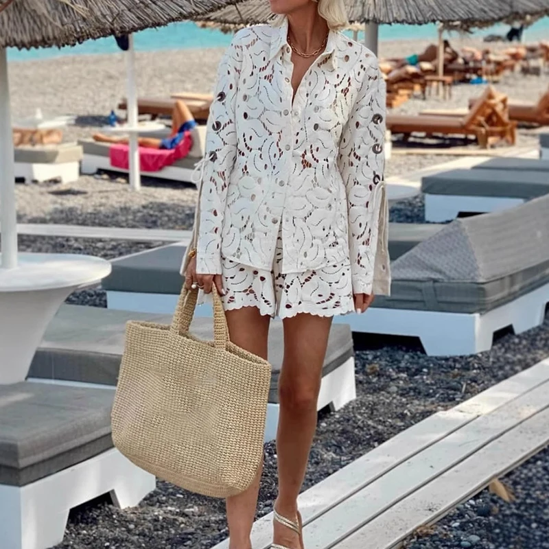 

Fashion Lapel Button Shirt & Short Pants Suit Women Casual Long Sleeve Solid 2 Piece Sets Elegant Embroidery Lace Hollow Outfits