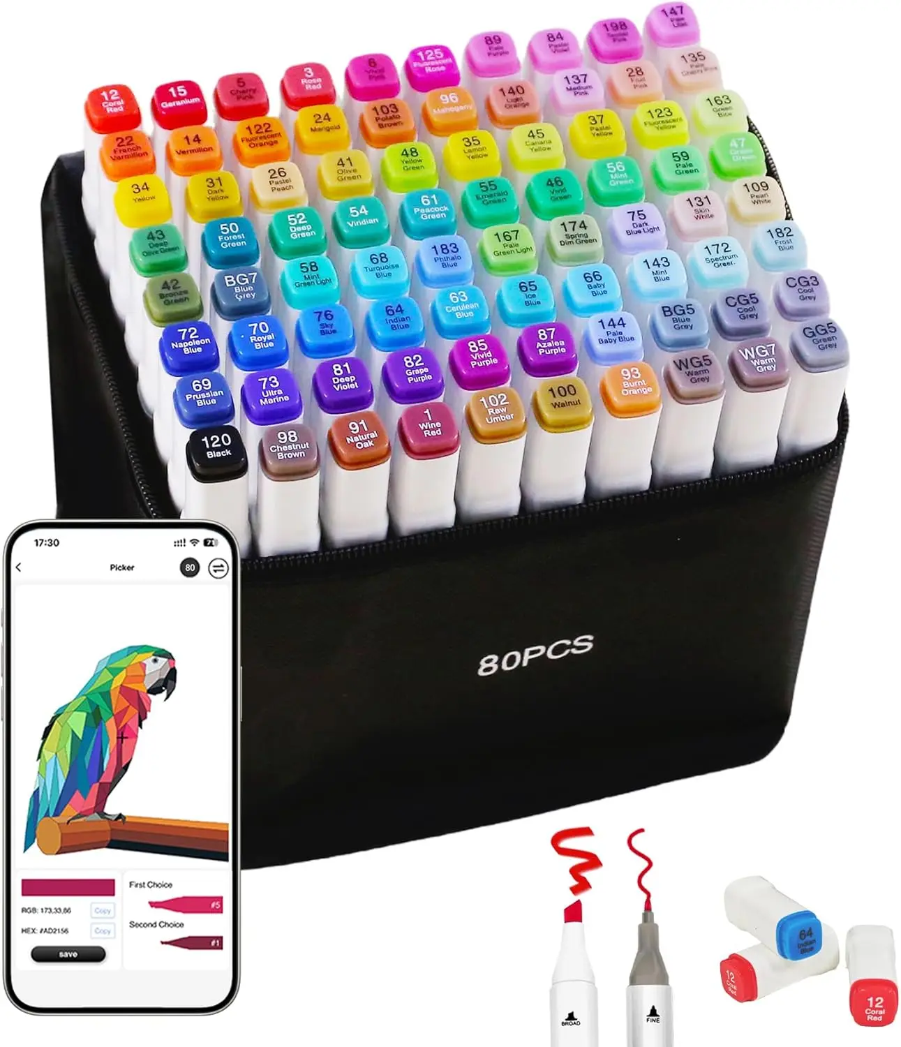 

80 Colors Dual Tip Alcohol Markers with APP Color Matching, Art Supplies for Adults Coloring Books Drawing Sketching