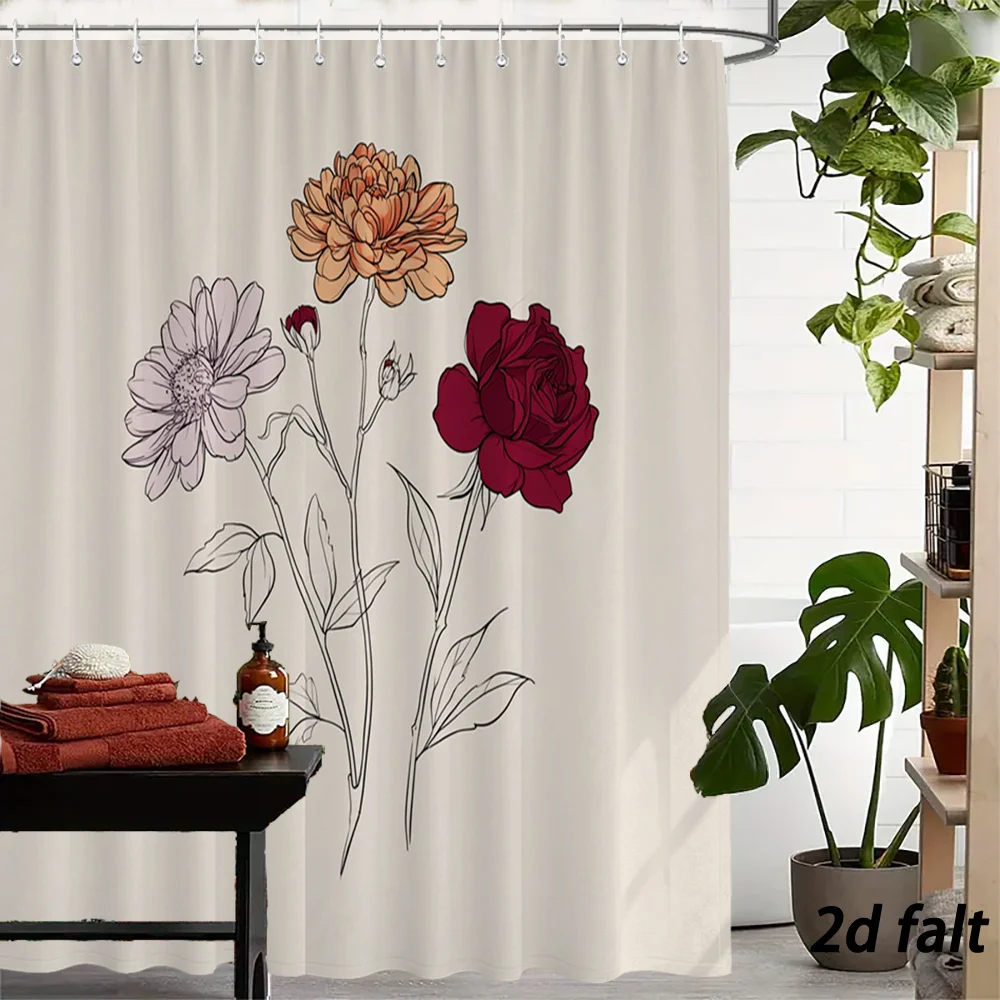 2D Flat Floral Shower Curtain Vintage Blooming Flowers Polyester Fabric 70.8x70.8 Inch with 12 Hooks Bathroom Decor