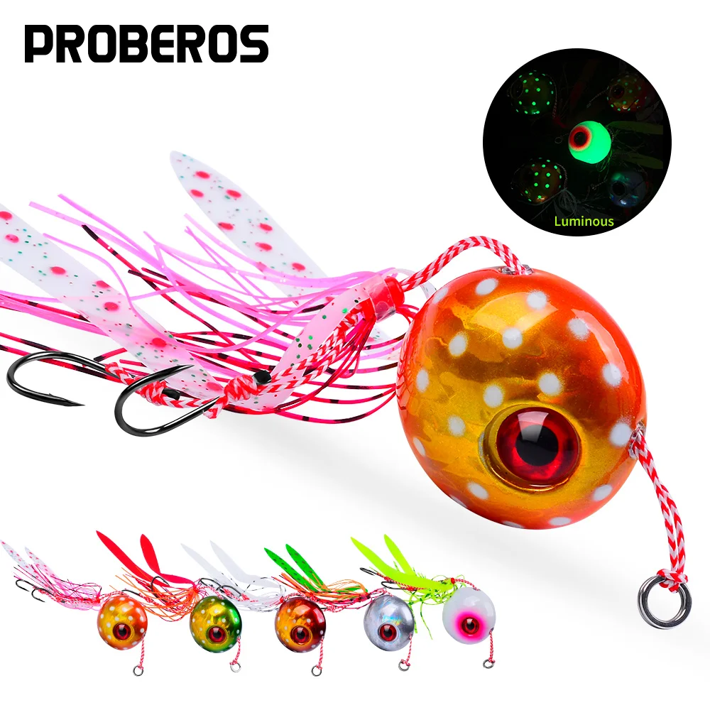 

PROBEROS 1pc Jig Fishing Lure Weights Metal Sinking Bait Head Jig Bait With Rubber Skirts Double Hook Jigging Luminous Tackle