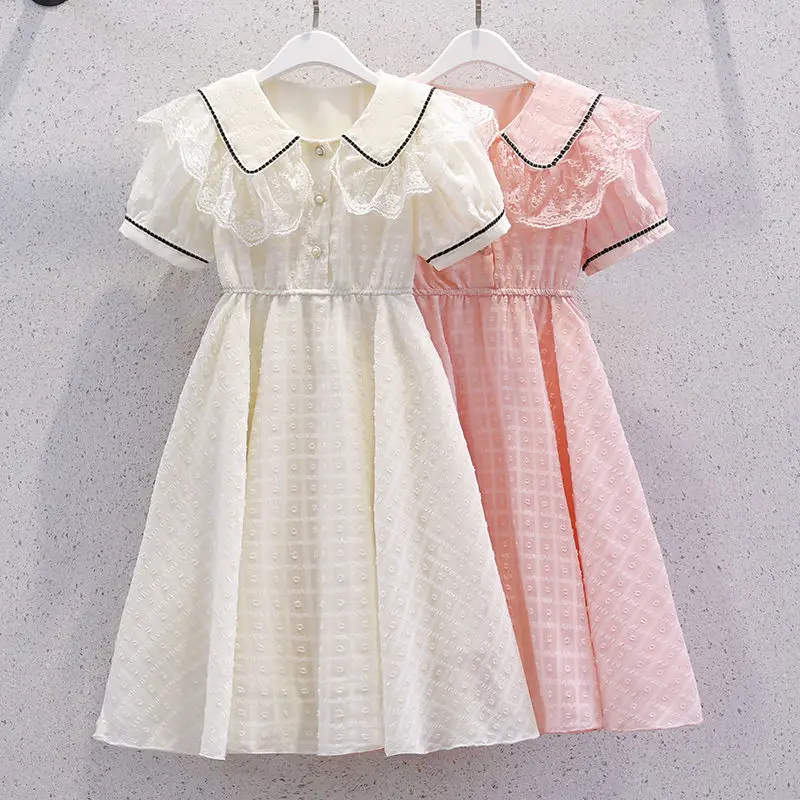 

Girls' summer dress, stylish lace doll collar princess dress, thin children's chiffon long dress