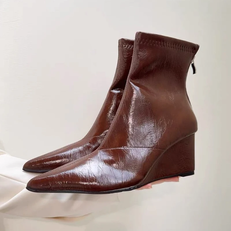 النساء أشار تو حذاء من الجلد أسافين أحذية فاخرة عالية الكعب أحذية شتاء 2025 الاتجاه تشيلسي الأحذية فستان مضخات الحفلات Mujer بوتاس #1