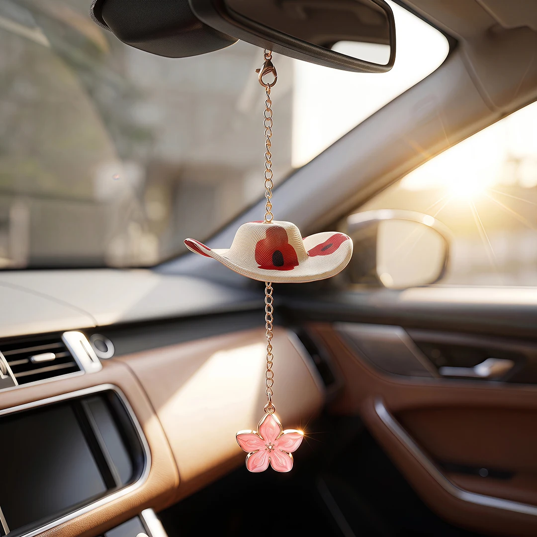 Cowboy Hat Car Rearview Mirror Pendant Flower Charm Alloy Hanging Ornament French Romantic Auto Interior Decor for Women