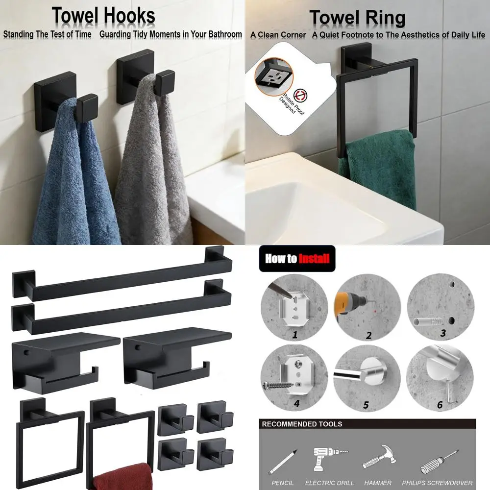 10-Piece Matte Black Bathroom Accessory Set with Towel Bars, Holders, and Hooks
