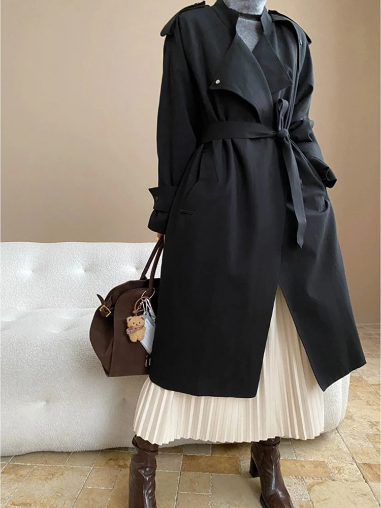 FANAN Elegante Lange Graben Mäntel Für Frauen Revers Gürtel Versammelt Taille Temperament Windjacke Mode Weibliche 2025, Winter Neue