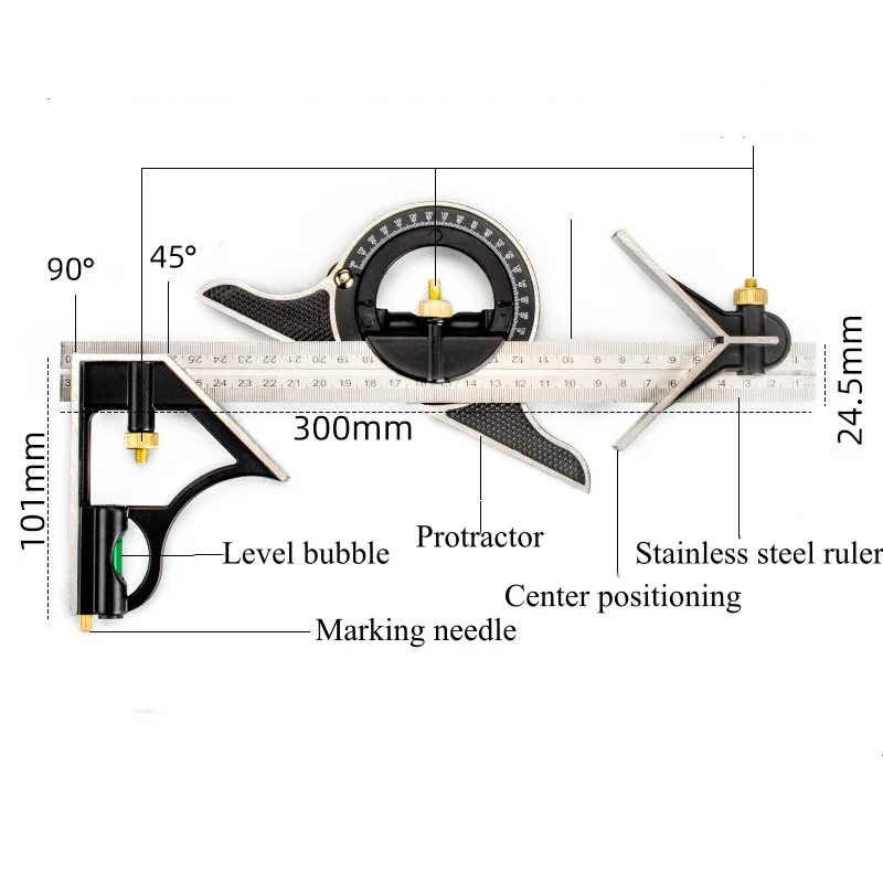 Stainless Steel T Square Angle Ruler Multifunctional Adjustable Sliding Combination Square Ruler Protractor Level Measure Tool