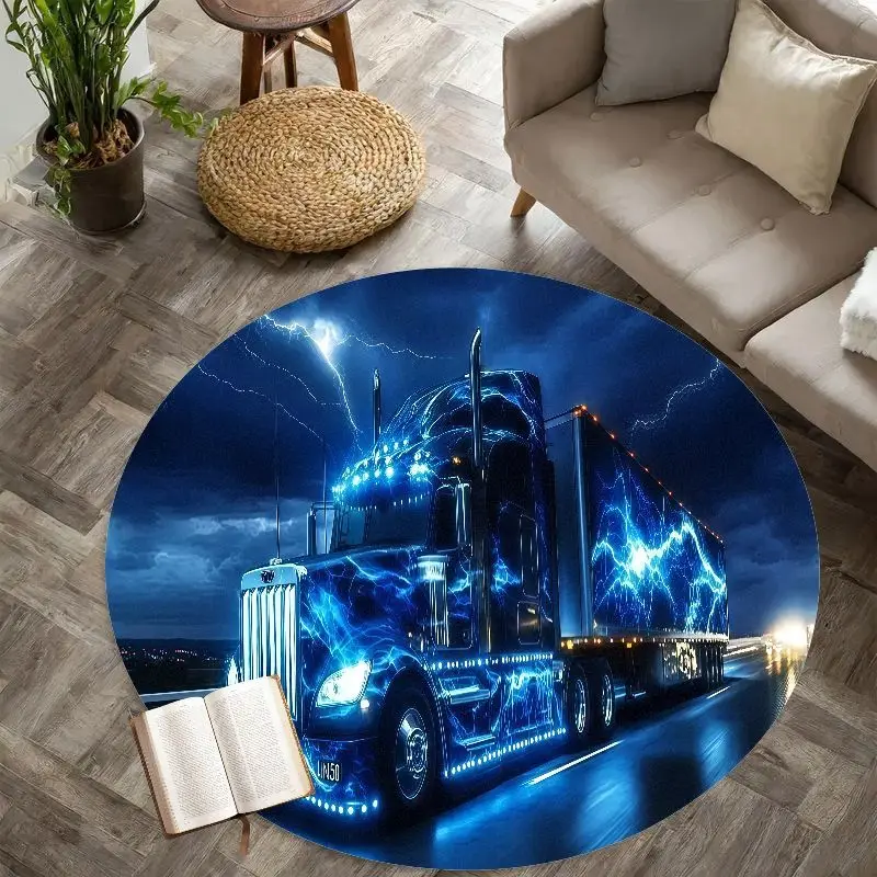 

Электрический грузовик: ночная фланелевая круглая подкладка-коврик для автолюбителей, декор для гаража, мужской комнаты, с эффектом синего света на трассе, драматичная сцена